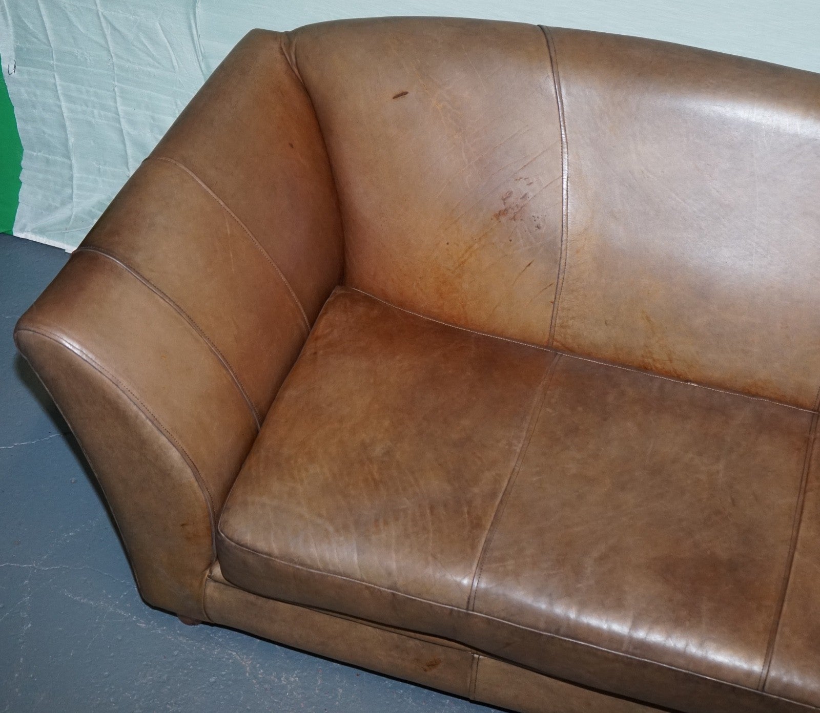 VINTAGE ART DECO STYLE BROWN LEATHER TWO SEATER SOFA