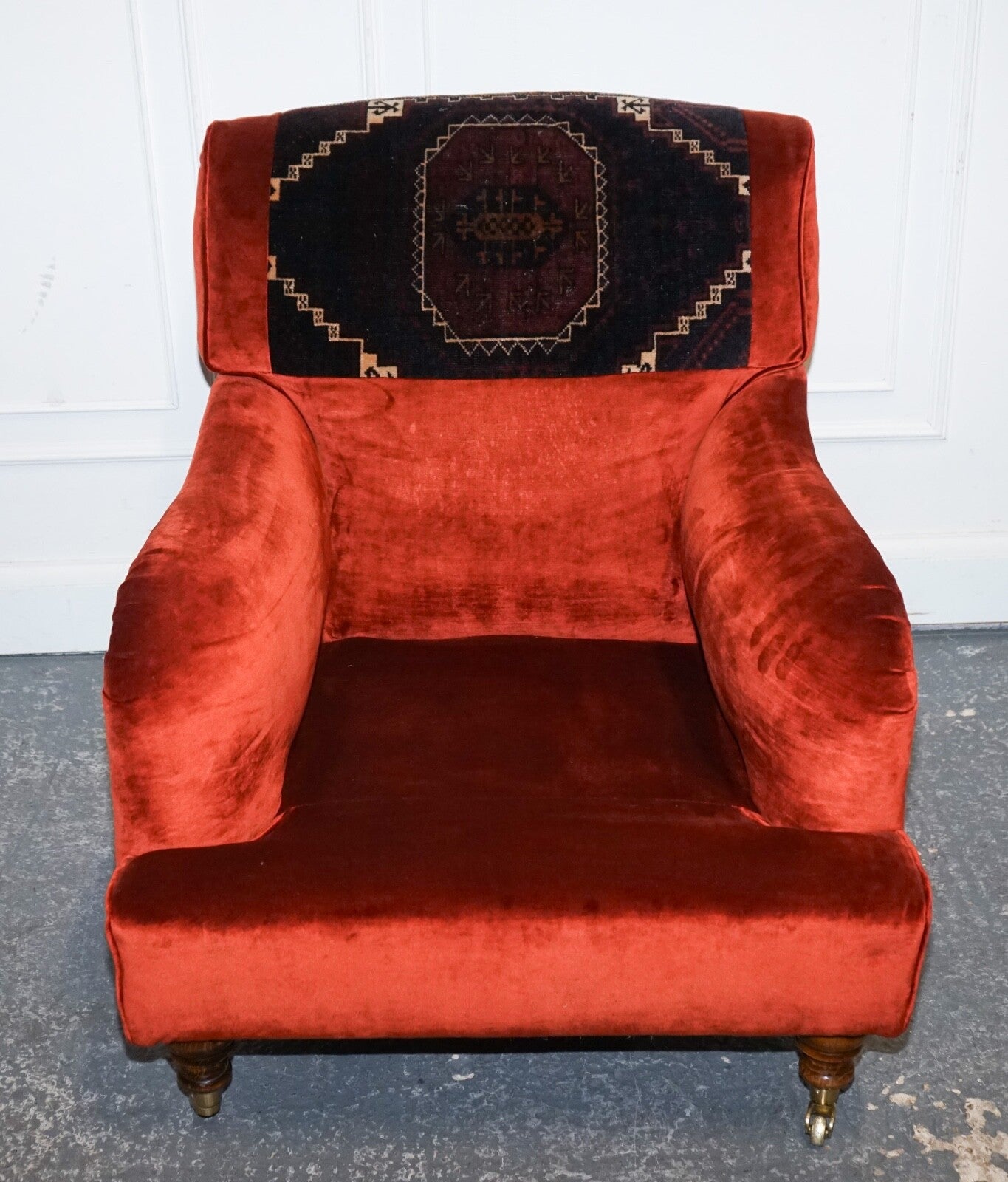 VINTAGE RED VELVET & AZTEC KILIM UPHOLSTERED HOWARD GEORGE SMITH STYLE ARMCHAIR