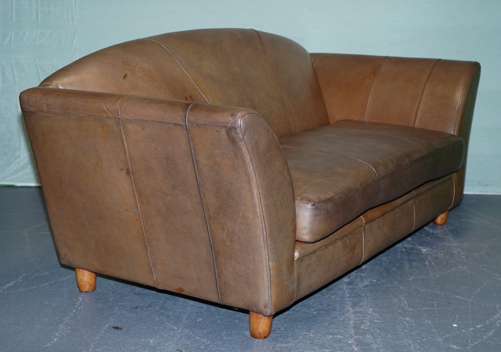 VINTAGE ART DECO STYLE BROWN LEATHER TWO SEATER SOFA