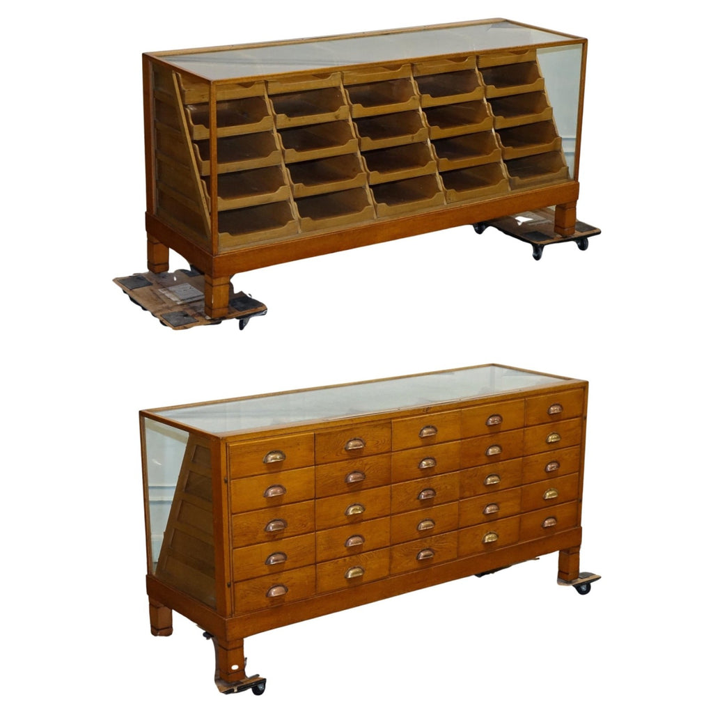 ANTIQUE 1920 ENGLISH VICTORIAN OAK HABERDASHERY SHOP COUNTER WITH ORIGINAL GLASS