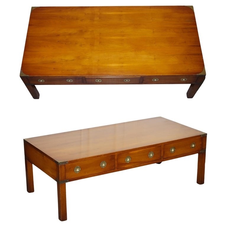 VINTAGE BURR YEW WOOD BRASS MILITARY CAMPAIGN 3 DRAWER COFFEE TABLE