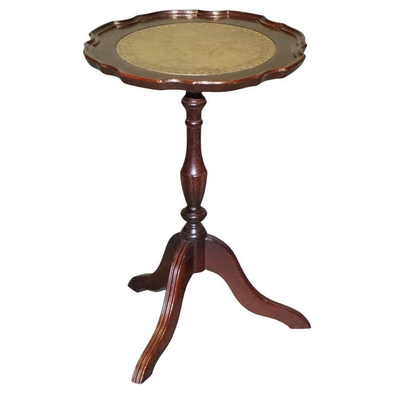 VINTAGE GEORGIAN STYLE TRIPOD WINE TABLE WITH SCALLOPED EDGE & LEATHER INSET TOP