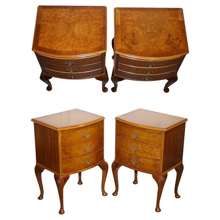GORGEOUS PAIR OF ART DECO STYLE BURR WALNUT BEDSIDES NIGHTSTANDS TABLES