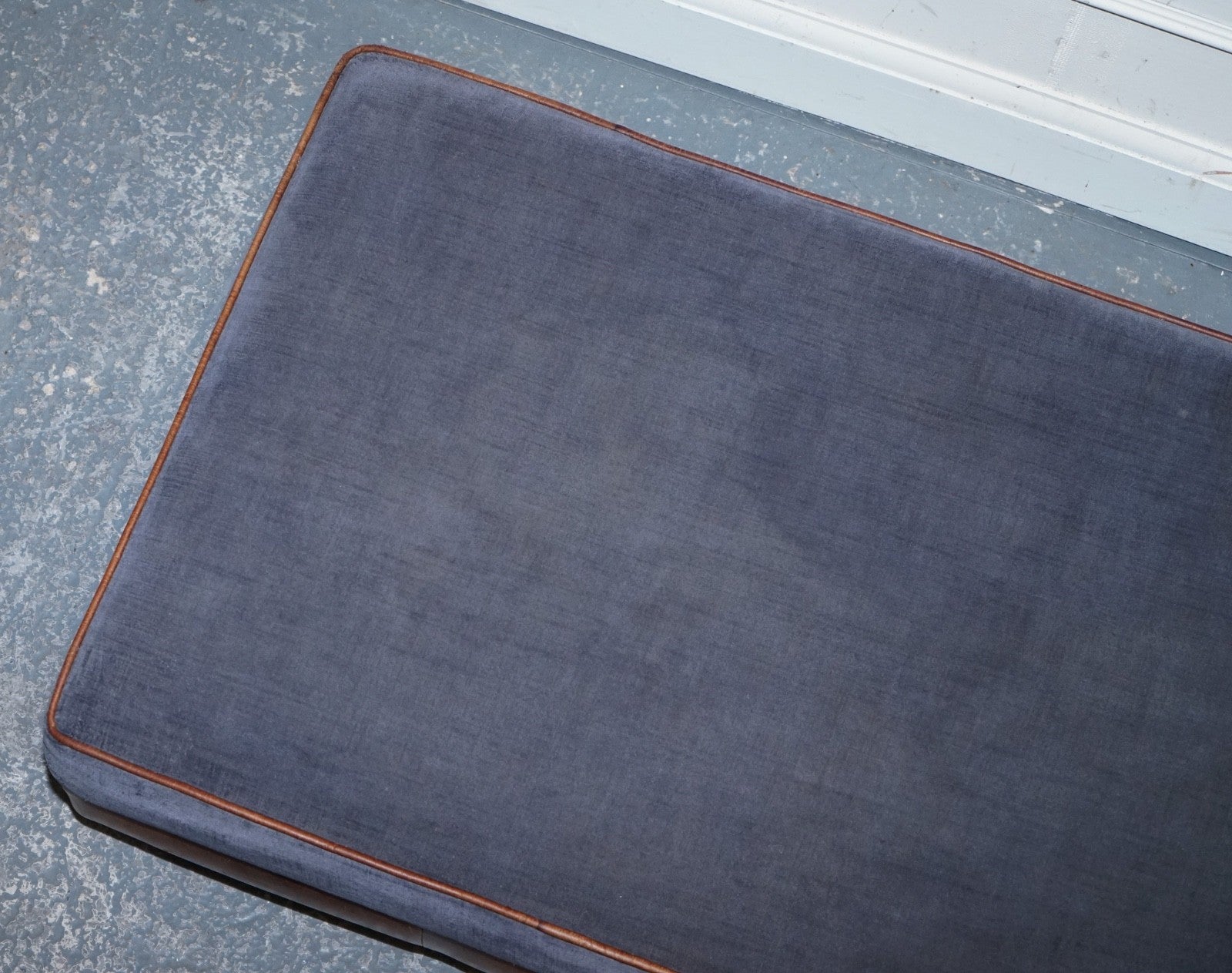 LARGE TETRAD CONSTABLE OTTOMAN RECTANGULAR FOOTSTOOL BLUE FABRIC & LEATHER BASE