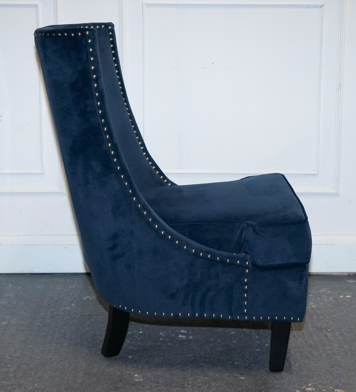 COTSWOLD LUXE EX SHOWROOM NAVY SLIPPER CHAIR WITH SILVER STUD DETAiL