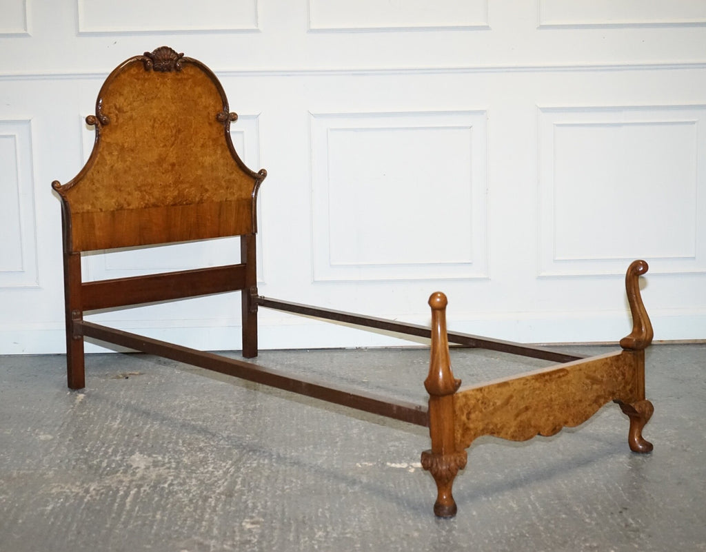 1930 ART DECO BURR WALNUT ENGLISH MADE VONO BEDSTEAD FRAME QUEEN ANNE LEGS 2/2