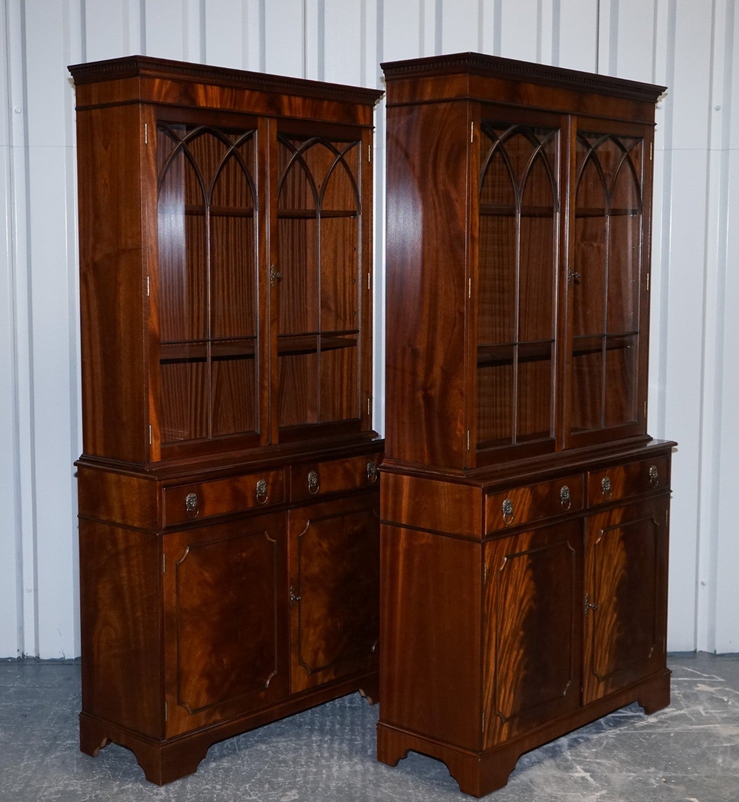PAIR GEORGIAN STYLE DISPLAY CABINETS BOOKCASES WITH BRASS LION HANDLES