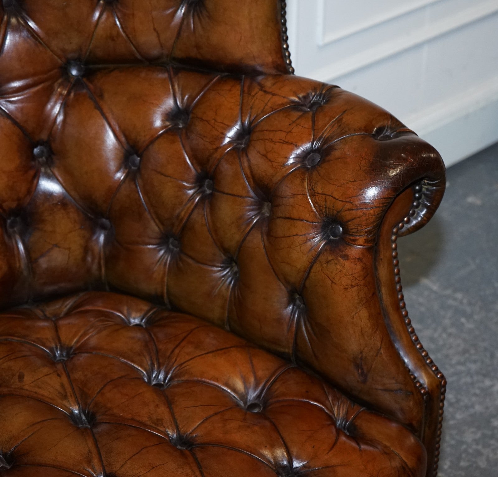 RESTORED CHESTERFIELD HAND DYED LEATHER PORTERS WINGBACK ARMCHAIR