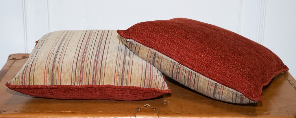 VINTAGE PAIR OF BEIGE STRIPPED & BURNT ORANGE FEATHER FILLED SCATTER CUSHIONS