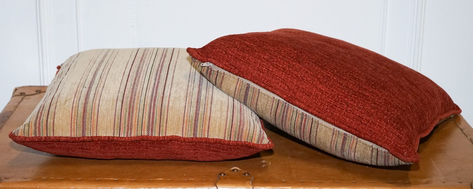 VINTAGE PAIR OF BEIGE STRIPPED & BURNT ORANGE FEATHER FILLED SCATTER CUSHIONS