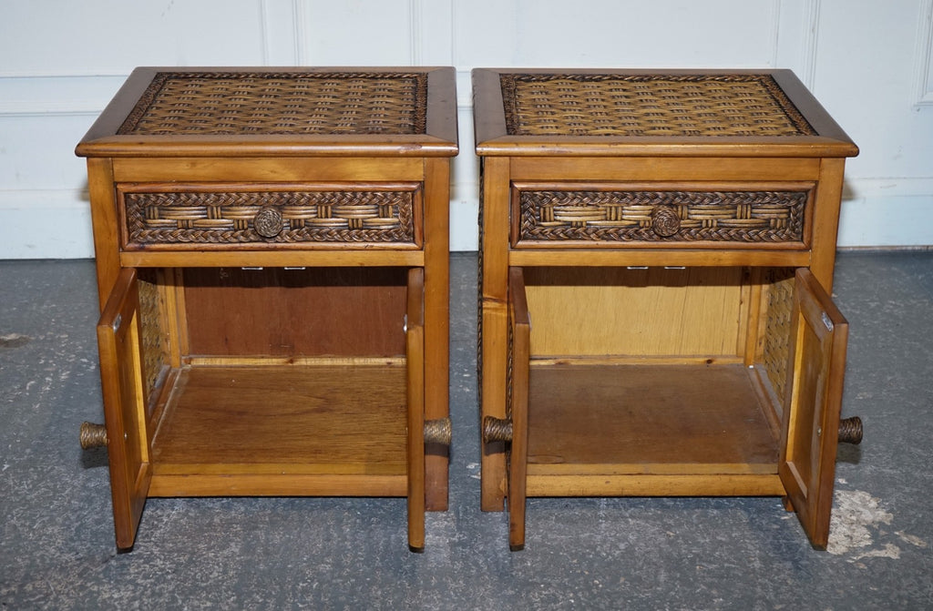 VINTAGE PAIR OF WICKER OR RATTAN NIGHTSTANDS BEDSIDE TABLES CUPBOARD & DRAWER