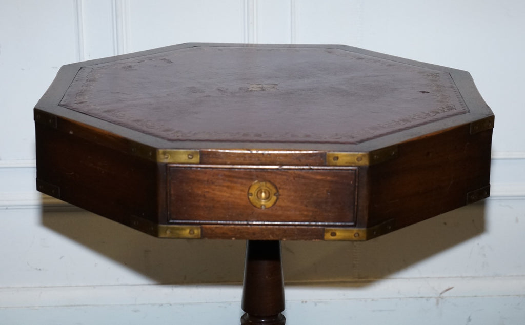REVOLVING MILITARY CAMPAIGN BURGUNDY LEATHER DRUM SIDE END TABLE BEVAN FUNNELL