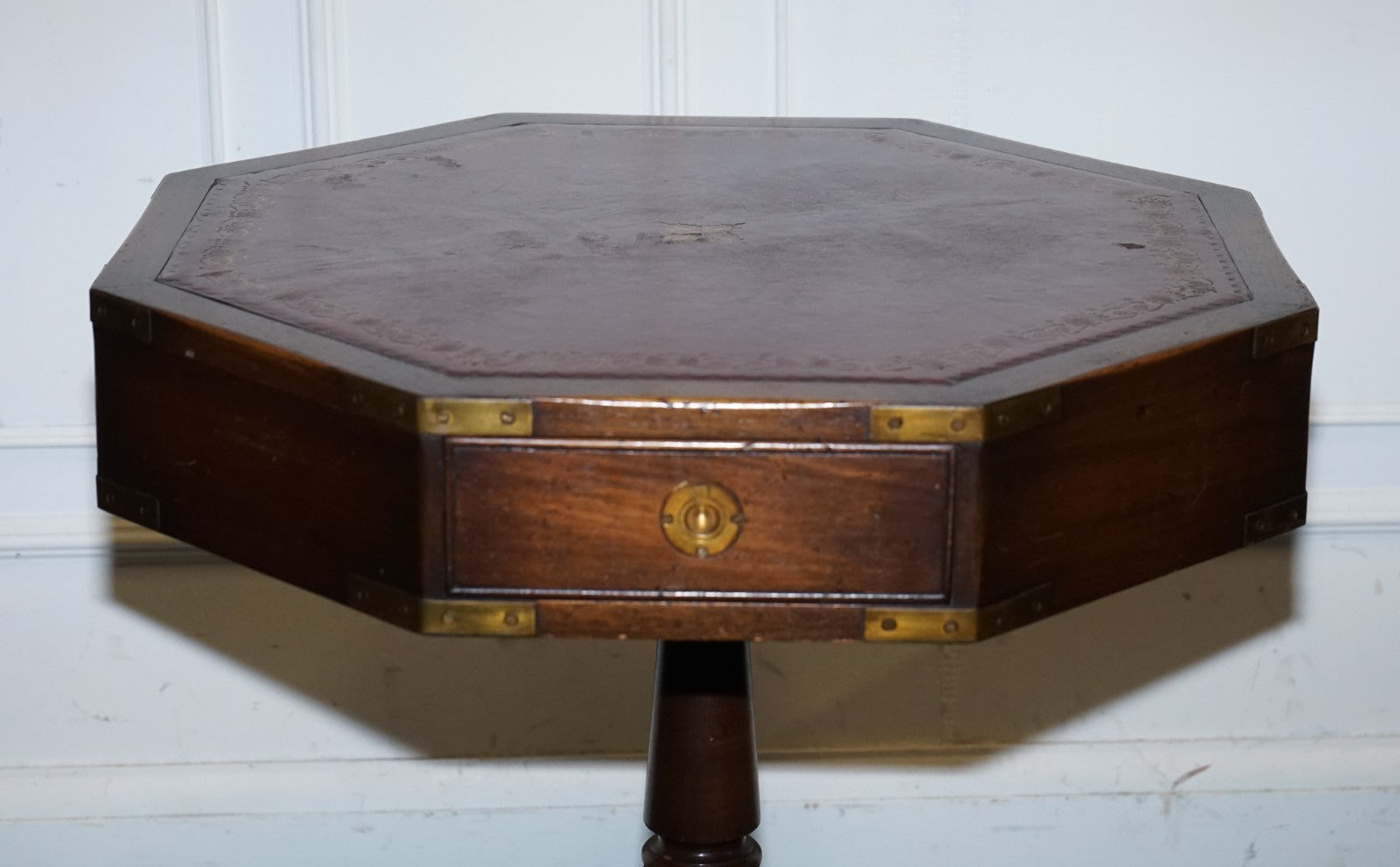 REVOLVING MILITARY CAMPAIGN BURGUNDY LEATHER DRUM SIDE END TABLE BEVAN FUNNELL