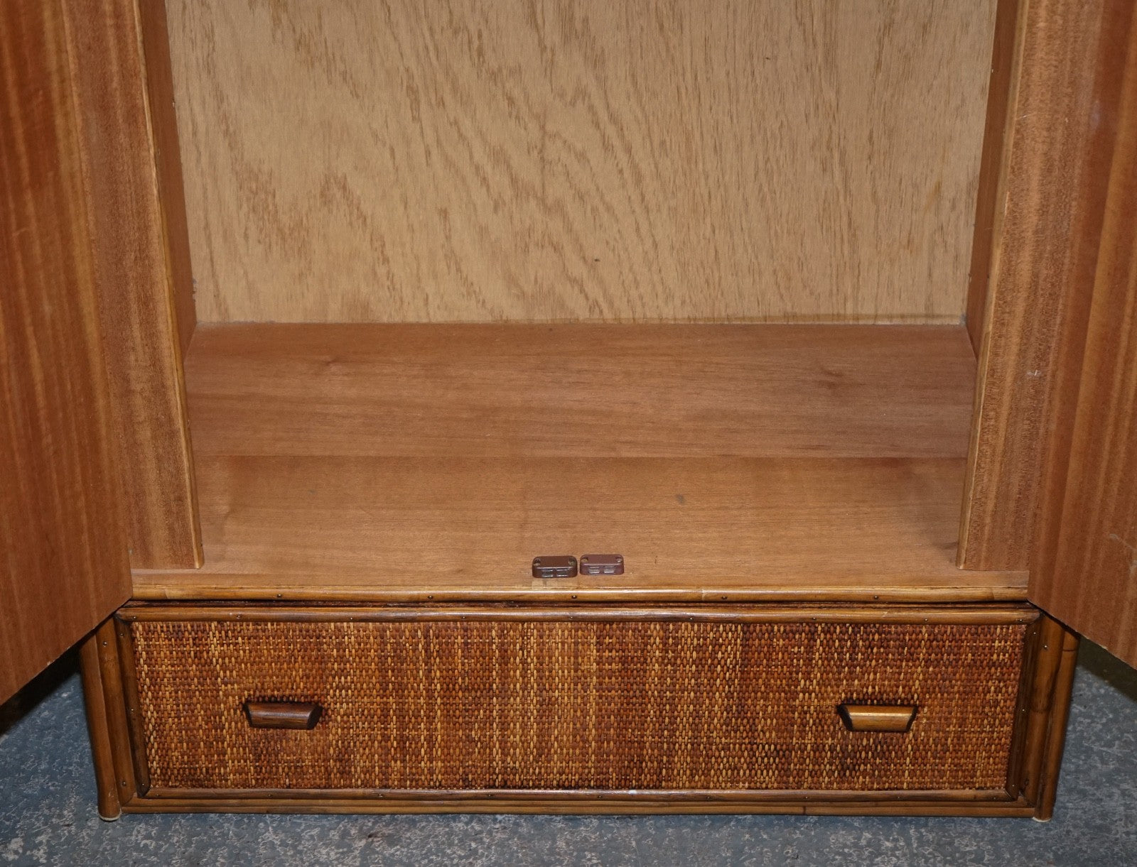 VINTAGE RATTAN AND CANE TWO DOOR AMOIRE OR WARDROBE WITH ONE DRAWER