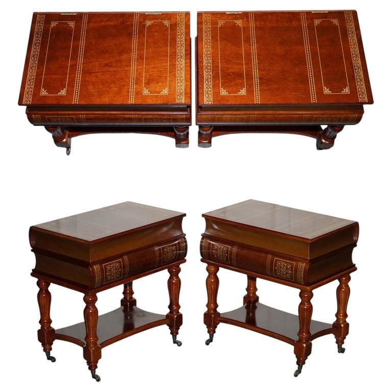 MATCHING PAIR OF WOODEN FAUX BOOKS STACK SIDE END WINE TABLES WITH STORAGE