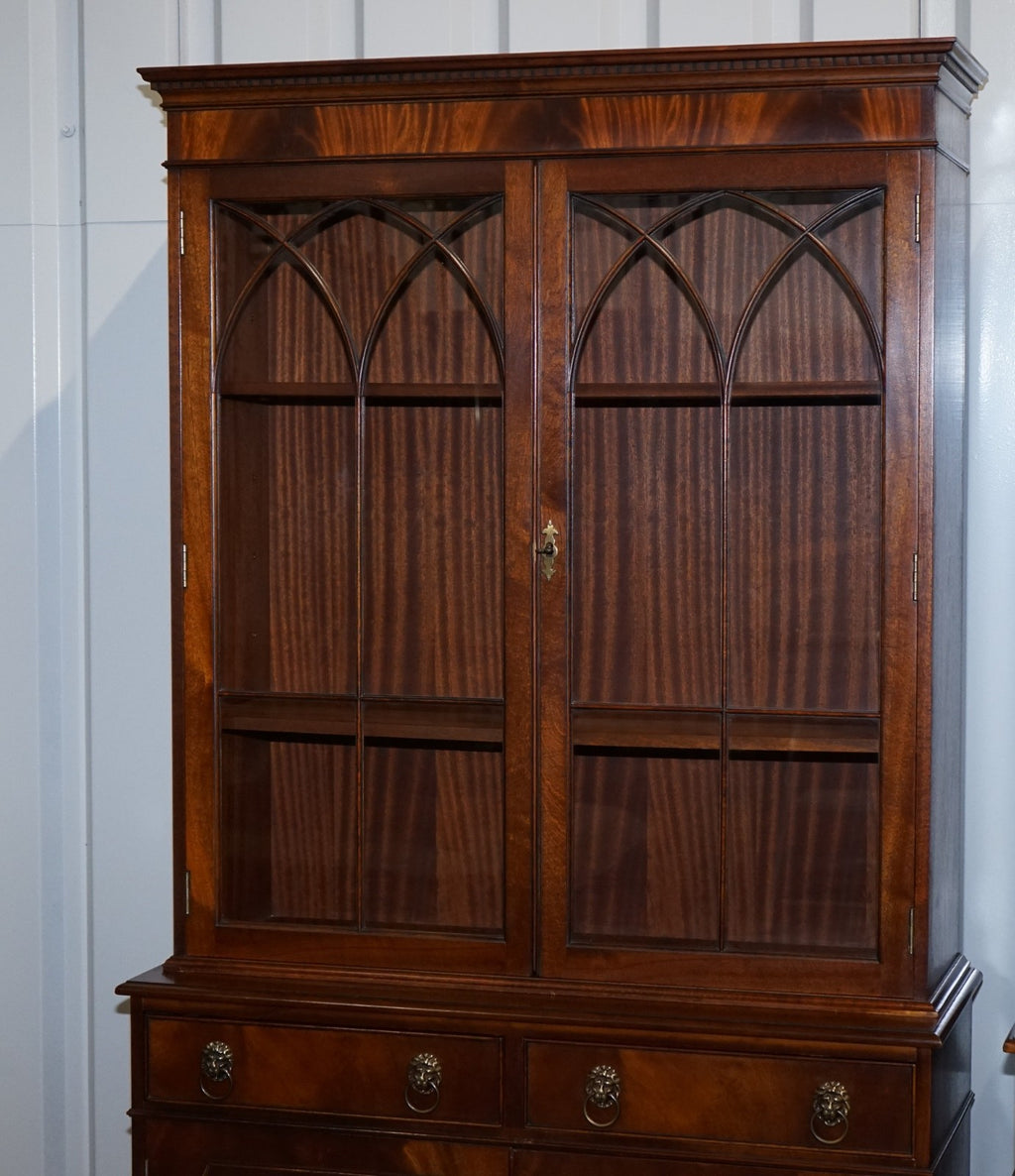 PAIR GEORGIAN STYLE DISPLAY CABINETS BOOKCASES WITH BRASS LION HANDLES