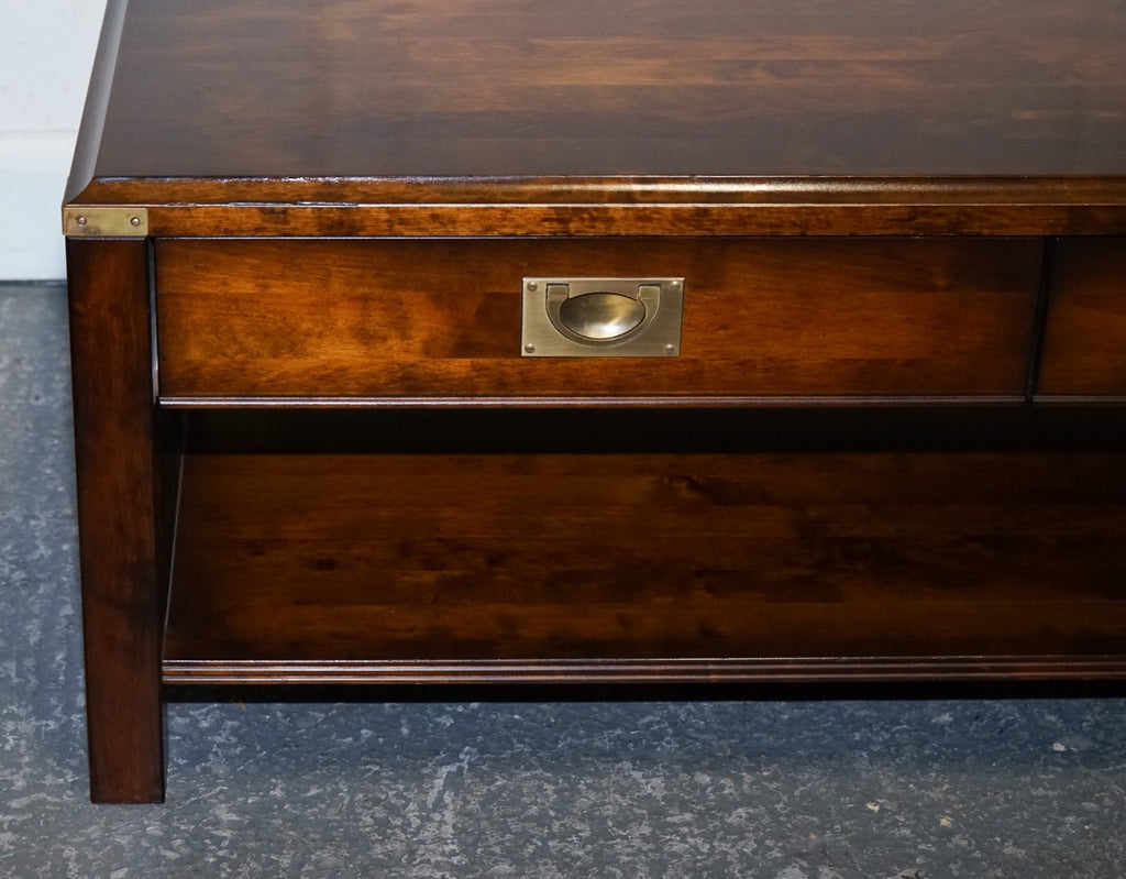 VINTAGE MILITARY CAMPAIGN MAHOGANY & BRASS COFFEE TABLE WITH TWO DRAWERS