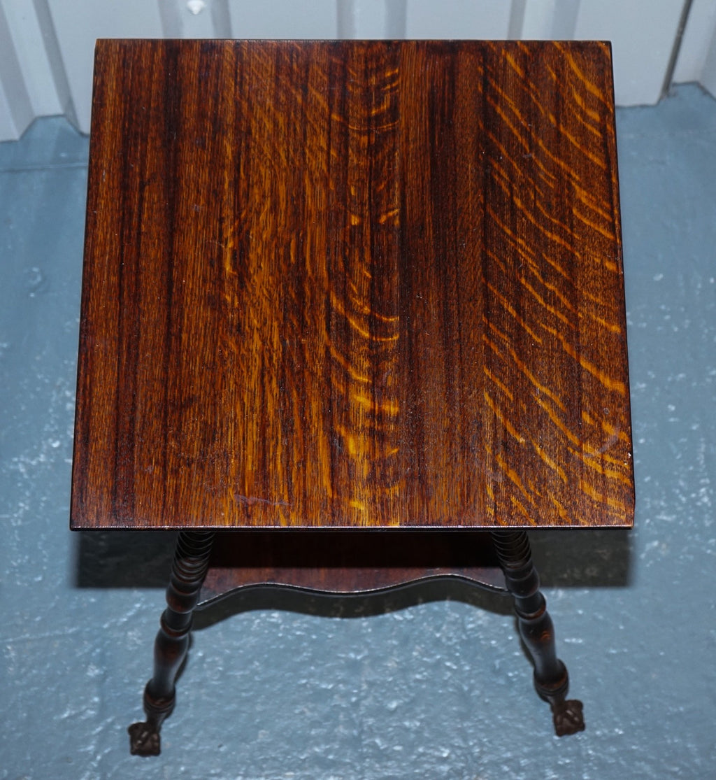 ANTIQUE VICTORIAN TIGER OAK SIDE TABLE TURNED BOBBIN LEGS WITH CAST IRON FEET