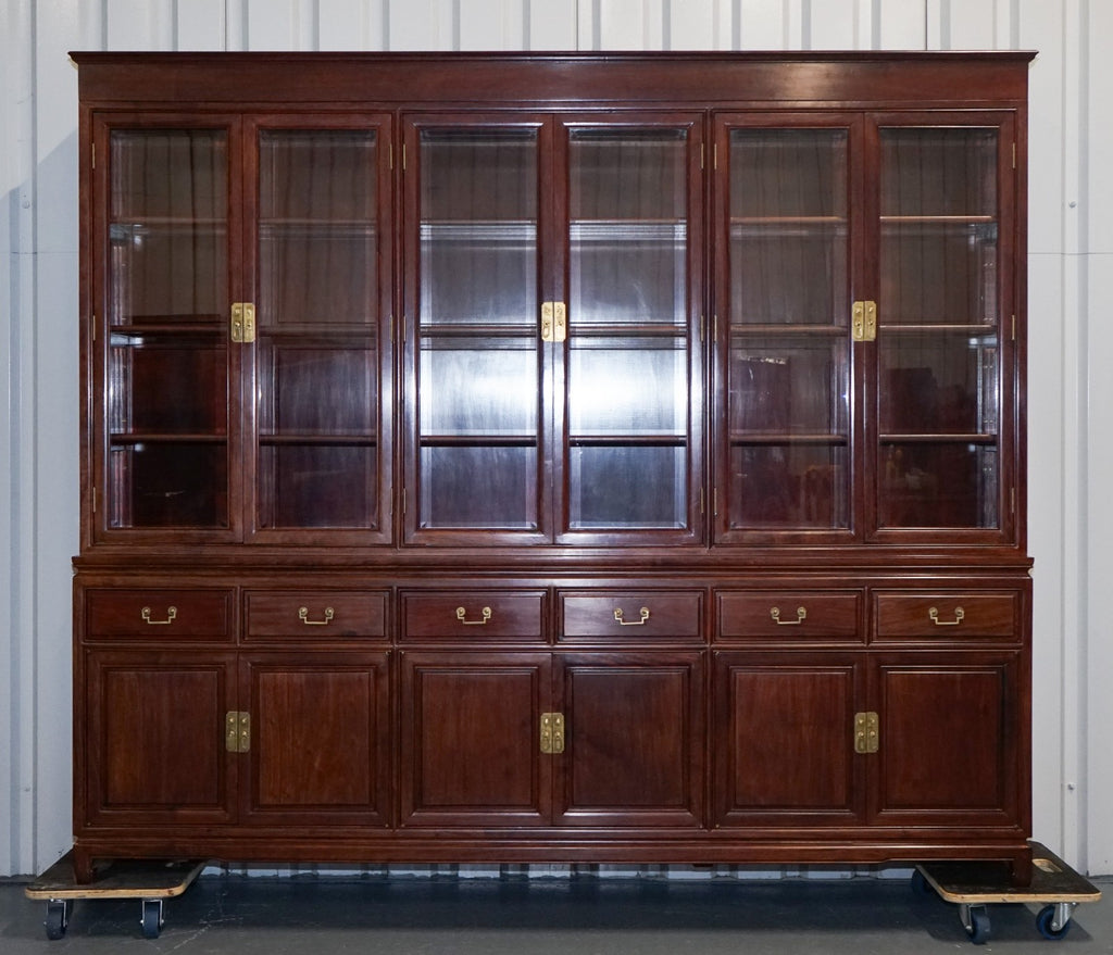 TREMENDOUS ORIENTAL CHINESE TEAK BOOKCASE DISPLAY CABINET WITH SIX DOORS