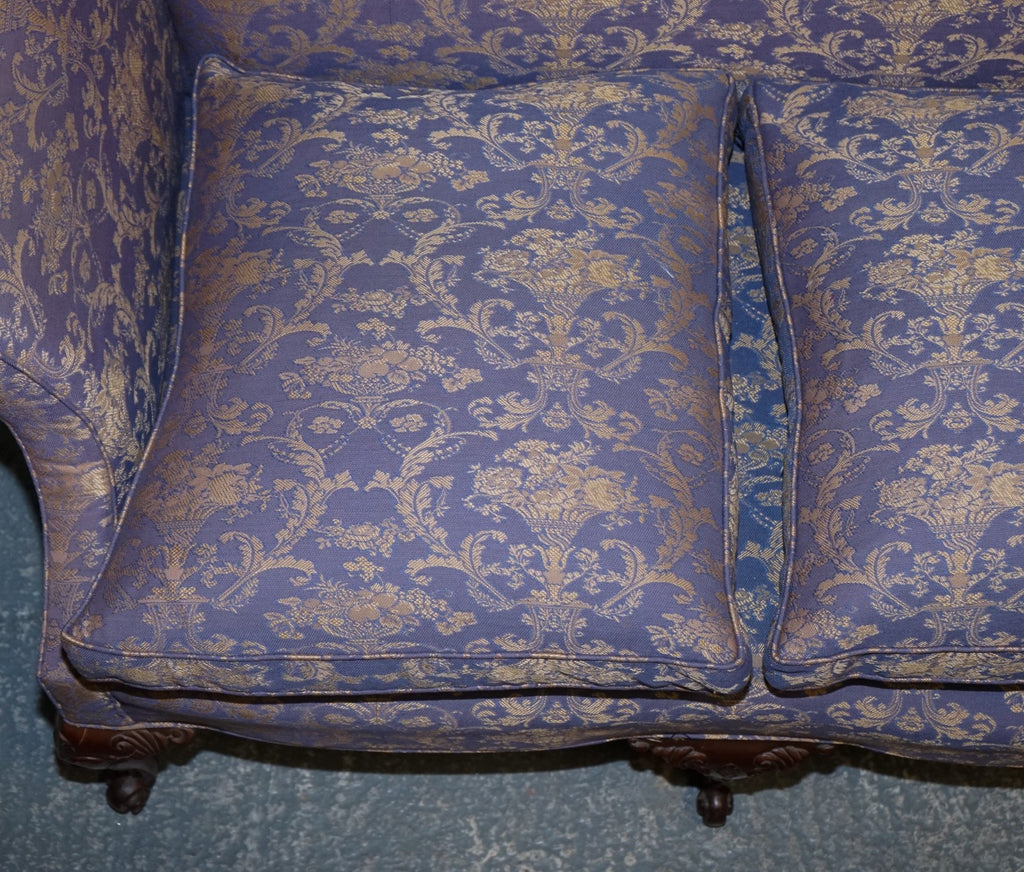 ANTIQUE ENGLISH COUNTRY HOUSE CHIPPENDALE CAMEL BACK FABRIC THREE SEATER SOFA