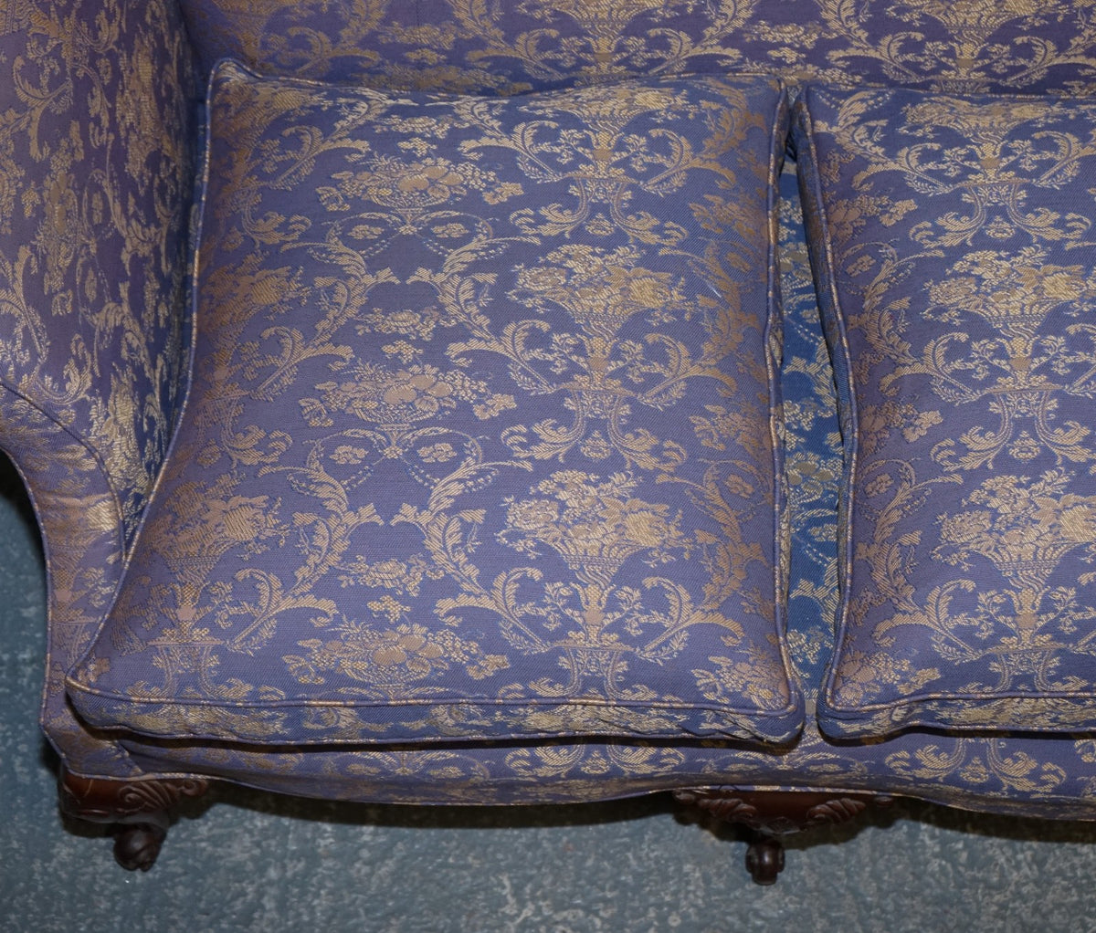 ANTIQUE ENGLISH COUNTRY HOUSE CHIPPENDALE CAMEL BACK FABRIC THREE SEATER SOFA