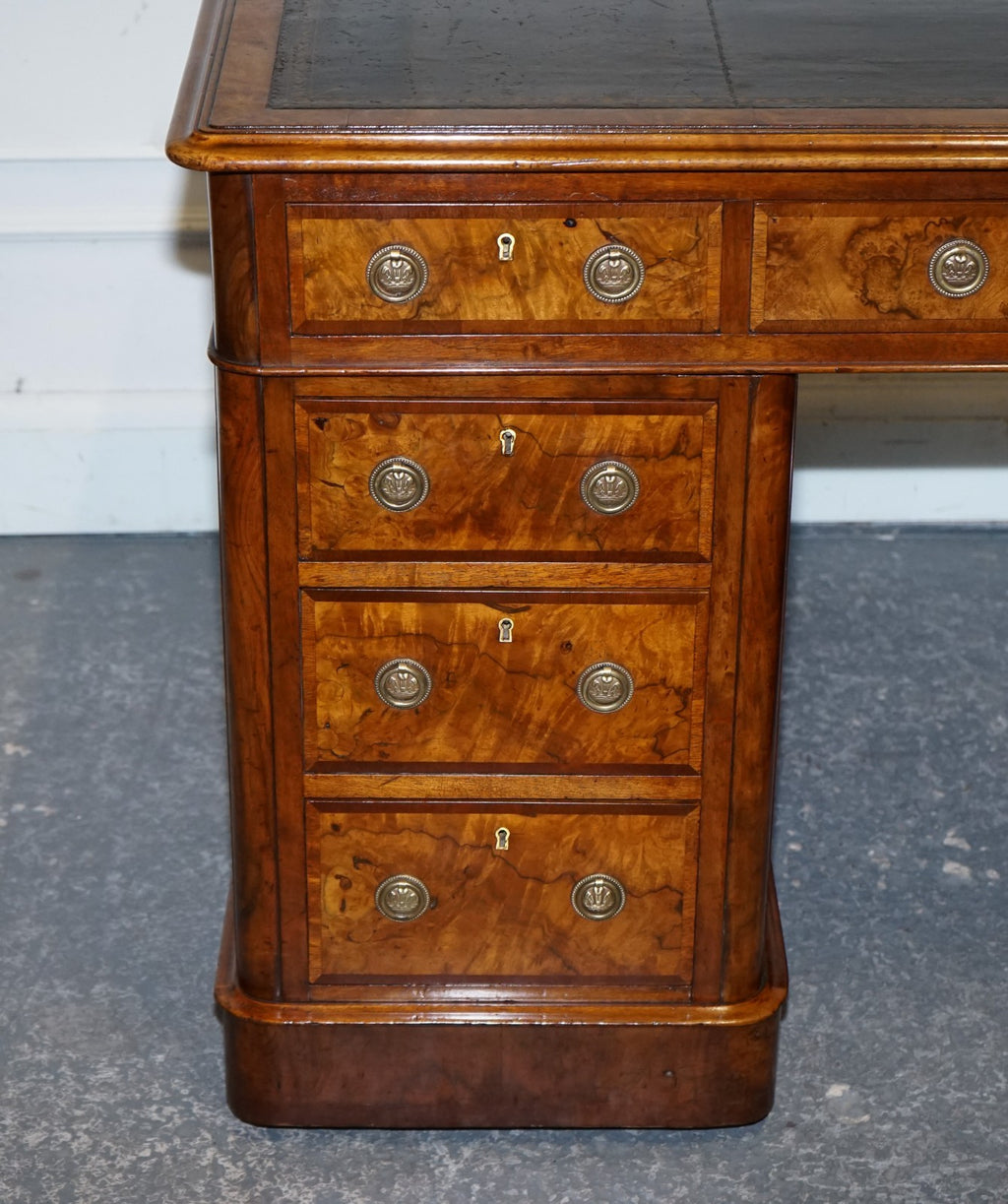 IMPORTANT ROYAL DRUCE & CO LONDON 1840's RESTORED BURR WALNUT TWIN PEDESTAL DESK