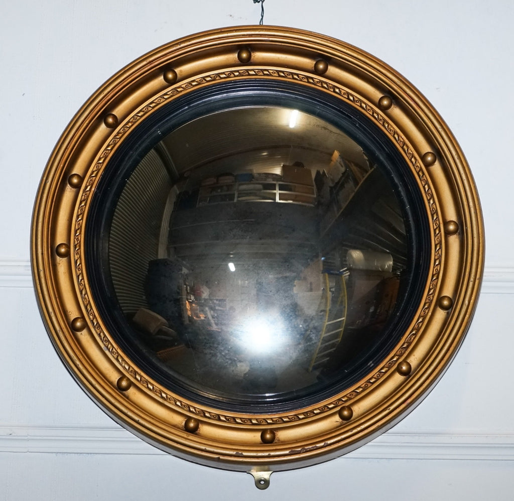 ANTIQUE 1920'S BUTLERS CONVEX BLACK & GOLD GILT WOOD WALL MIRROR
