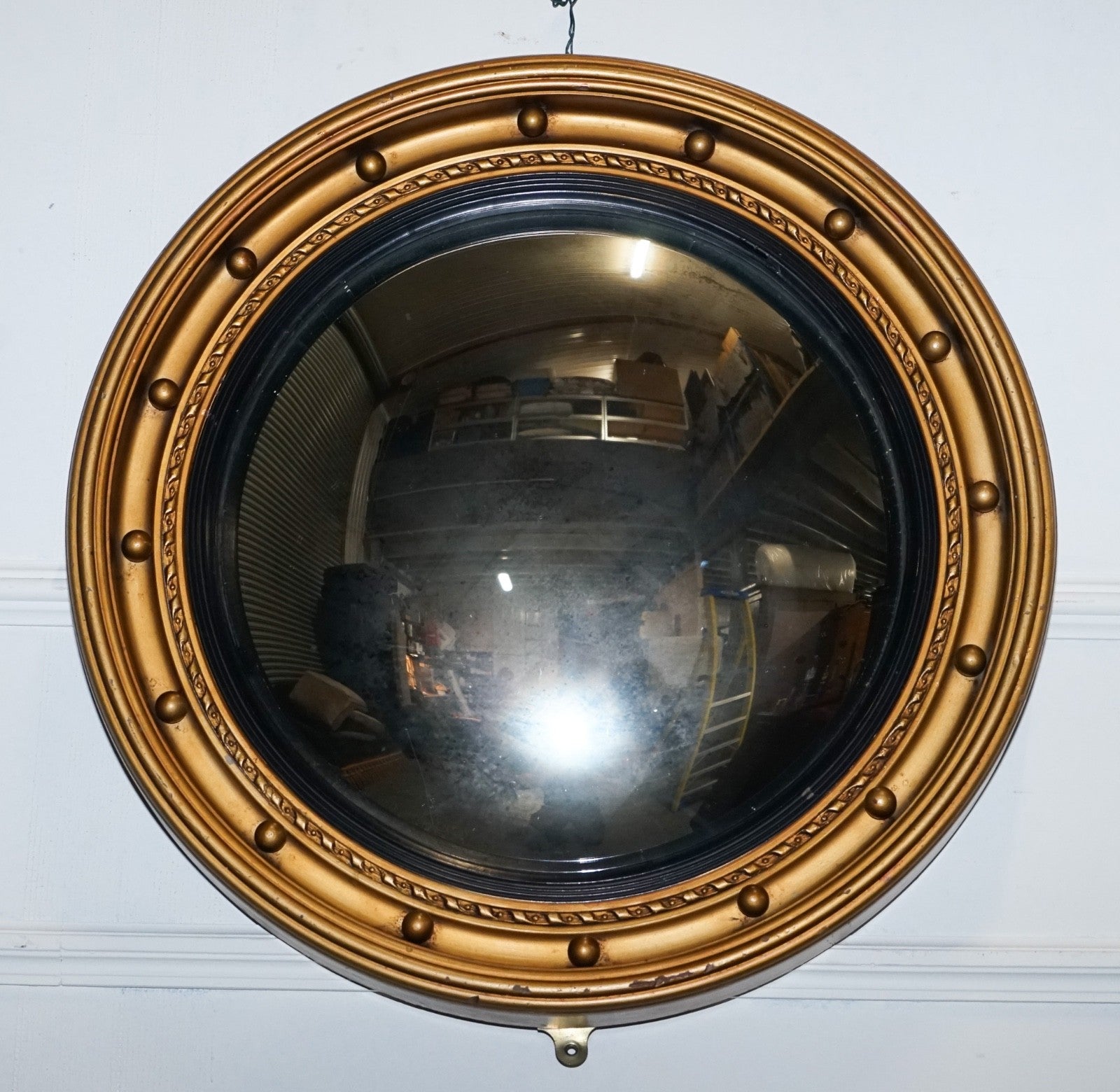 ANTIQUE 1920'S BUTLERS CONVEX BLACK & GOLD GILT WOOD WALL MIRROR