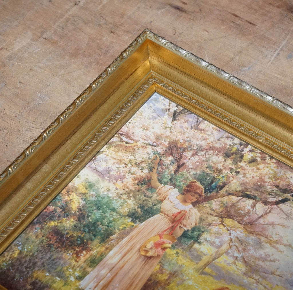 PAINTING PRINT GOLDEN FRAME''PICKING FLOWERS''BY ALFRED GLENDENING JR. 42X52 CM