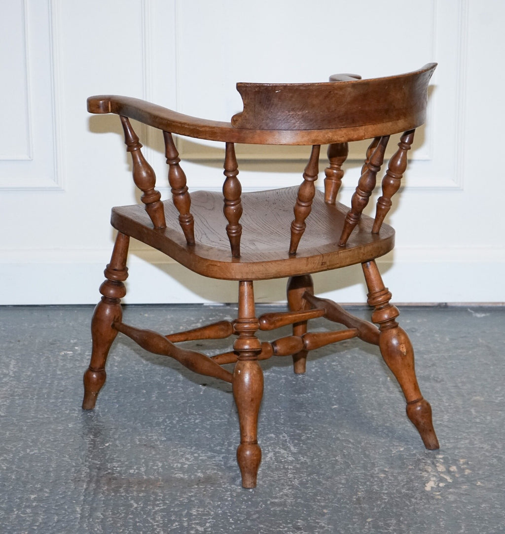 GORGEOUS PATINA EDWARDIAN SOLID ELM BOW BACK SMOKERS CAPTAINS CHAIR