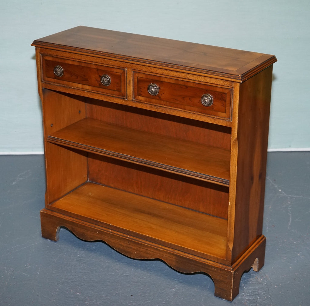 ELEGANT VINTAGE YEW WOOD LOW DWARF BOOKCASE WITH TWO STORAGE DRAWERS
