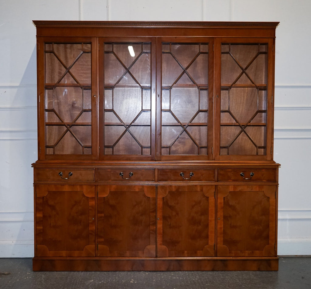 VINTAGE GEORGIAN STYLE YEW WOOD FOUR DOOR DISPLAY CABINET BOOKCASE