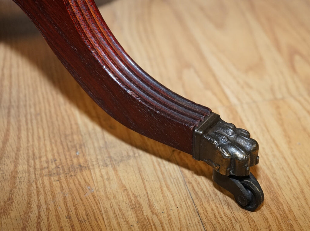 STUNNING VINTAGE BROWN LEATHER PLANT/WINE TRIPOD STAND ON PAW FEET WITH CASTORS