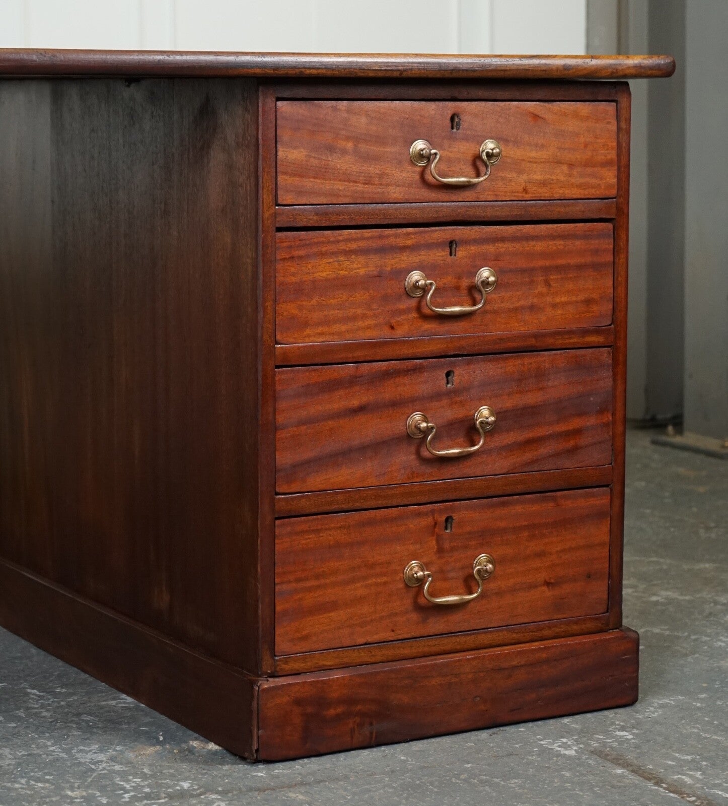 ANTIQUE HUGE DISTRESSED PARTNERS DESK WITH NAVY BLUE LEATHER TOP J1