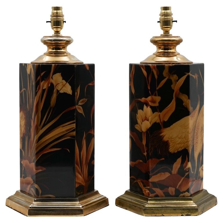 PAIR FRENCH 1970'S MAISON LE DAUPHIN HOLLYWOOD REGENCY CHINOISERIE TABLES LAMPS