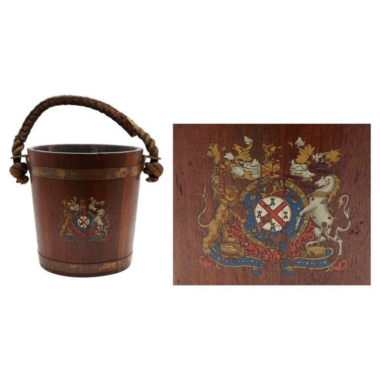 ANTIQUE ENGLISH VICTORIAN 19TH CENTURY NAVAL OAK FIRE BUCKET WITH ROYAL CREST