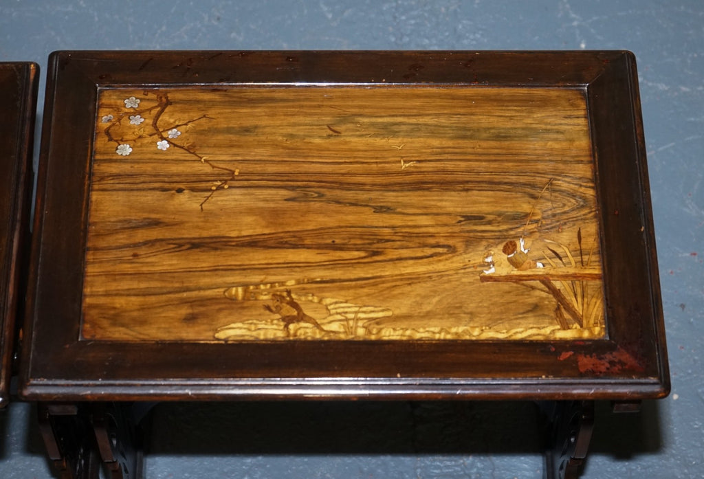 ART NOUVEAU CHINESE EXPORT NESTING TABLES PIERCED FRETWORK BONE & ABALONE C 1900