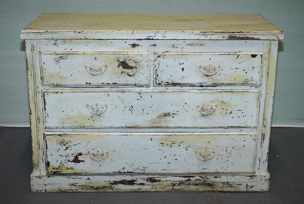 ANTIQUE HAND PAINTED PALE PINE GREEN THREE DRAWER CHEST OF DRAWERS