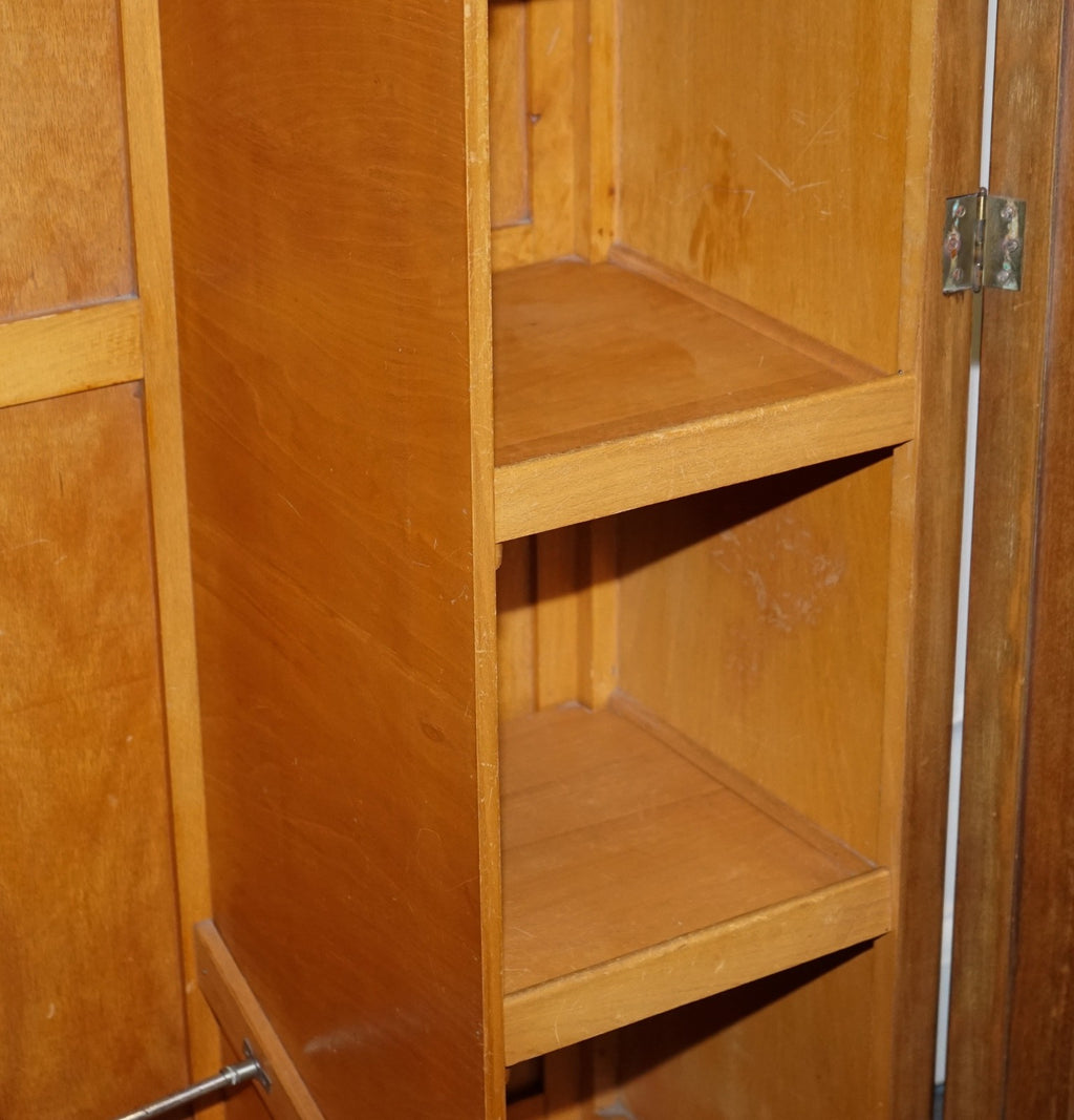 ANTIQUE CIRCA 1930'S ENGLISH BURR WALNUT ART DECO TWO DOOR WARDROBE WITH SHELVES