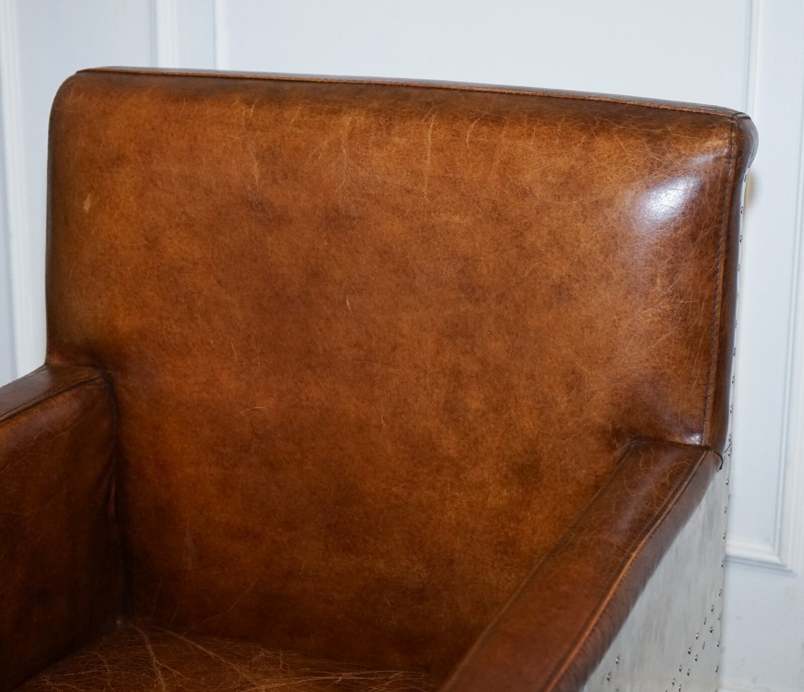 VINTAGE BROWN LEATHER AVIATOR METAL SWIVEL OFFICE CAPTAINS ARMCHAIR