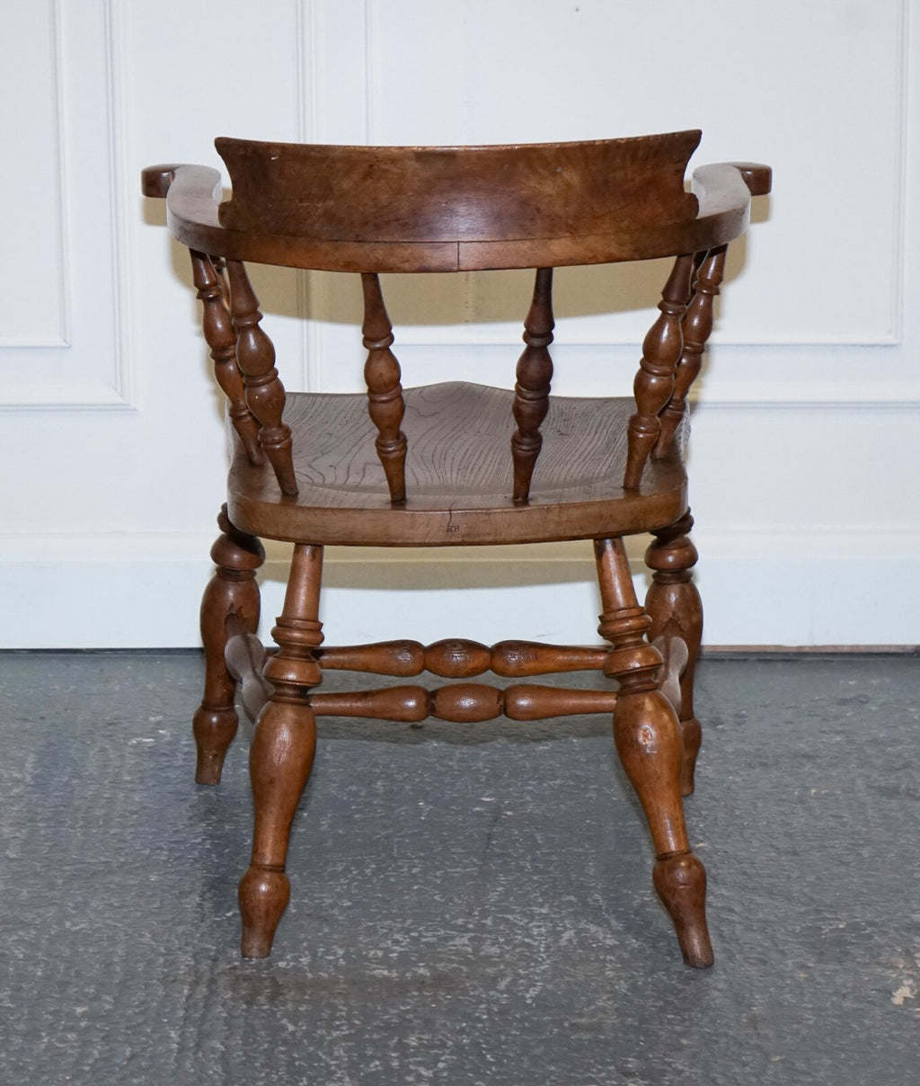 GORGEOUS PATINA EDWARDIAN SOLID ELM BOW BACK SMOKERS CAPTAINS CHAIR