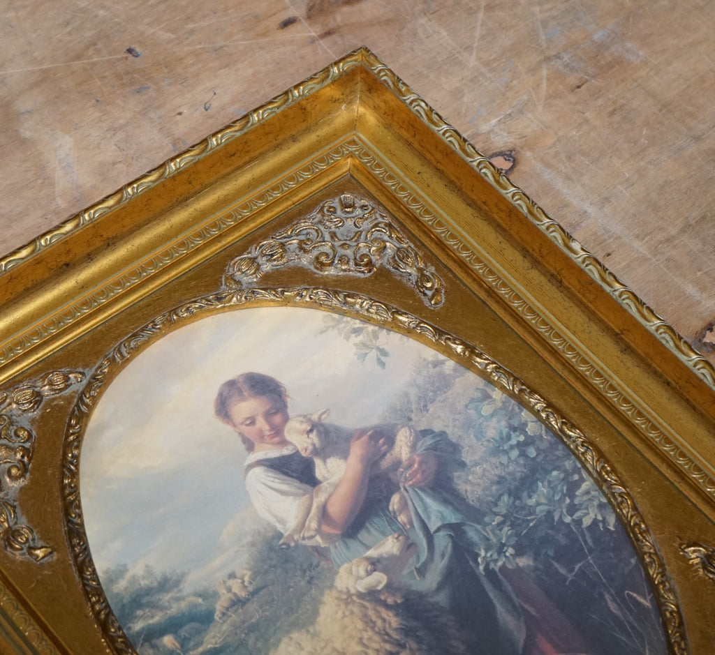 VINTAGE VICTORIAN STYLE PRINT YOUNG SHEPHERDESS GITLED FRAME 53 X 42 CM