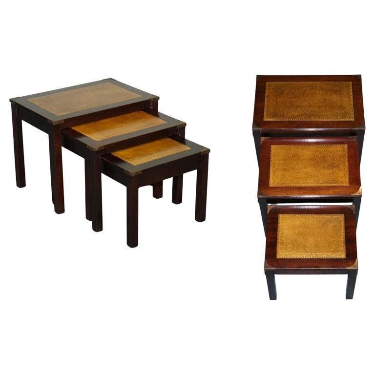 VINTAGE MILITARY CAMPAIGN BRASS NEST OF TABLES WITH CAMEL BROWN LEATHER TOPS