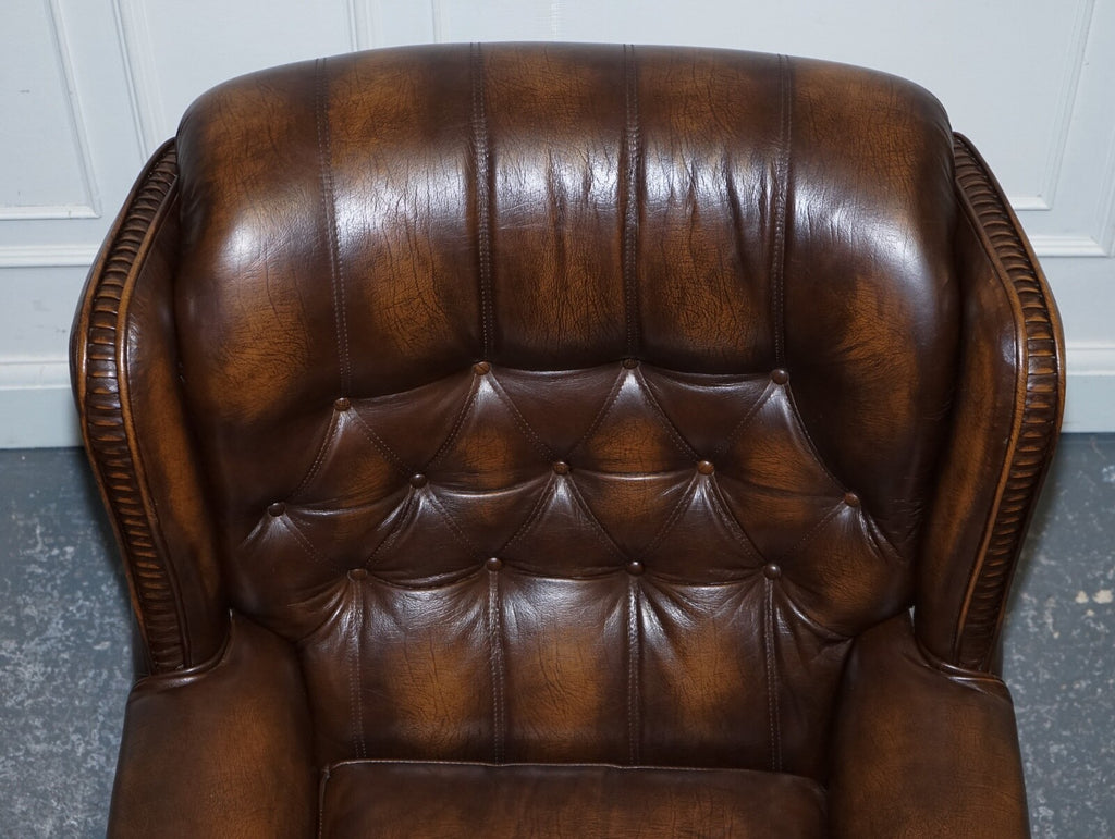 VINTAGE PAIR OF BRITISH MADE BROWN AGED LEATHER MONK CHESTERFIELD ARMCHAIRS