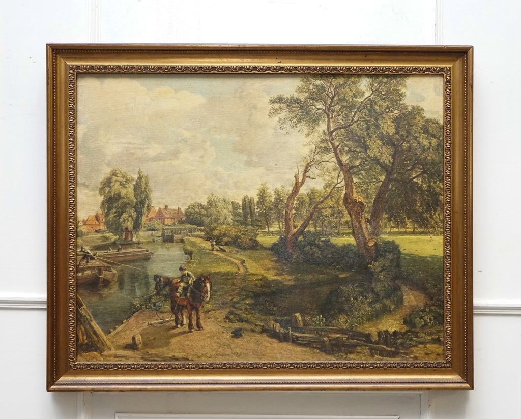VINTAGE FRAMED COUNTRYSIDE LANDSCAPE PRINT RIVER SCENE WiTH HORSES AND TREES
