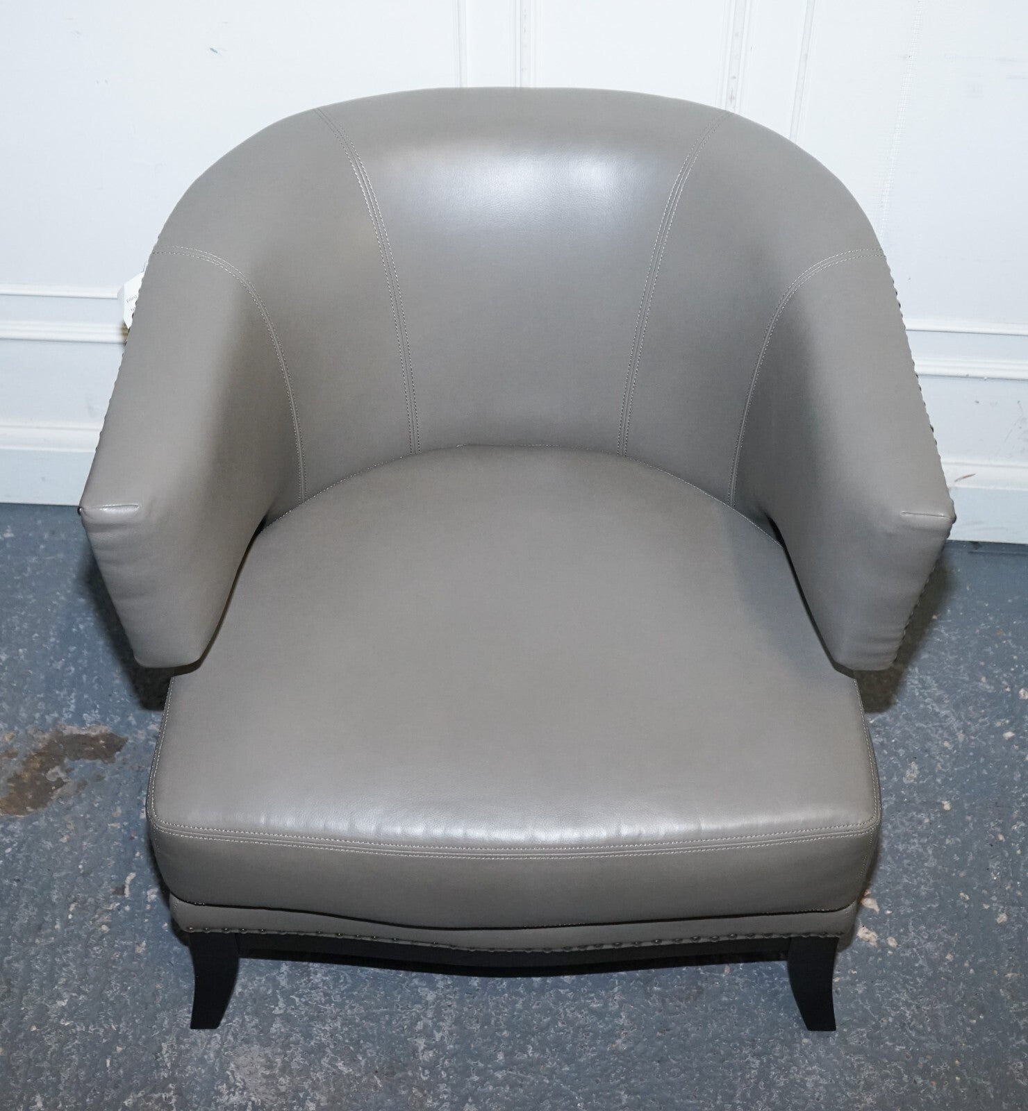 CONTEMPORARY COACH HOUSE GREY LEATHER ROUND BACK ARMCHAIRS WiTH STUDS