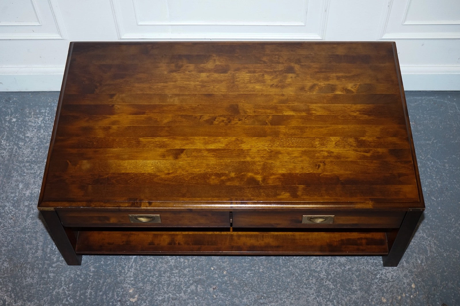 VINTAGE MILITARY CAMPAIGN MAHOGANY & BRASS COFFEE TABLE WITH TWO DRAWERS