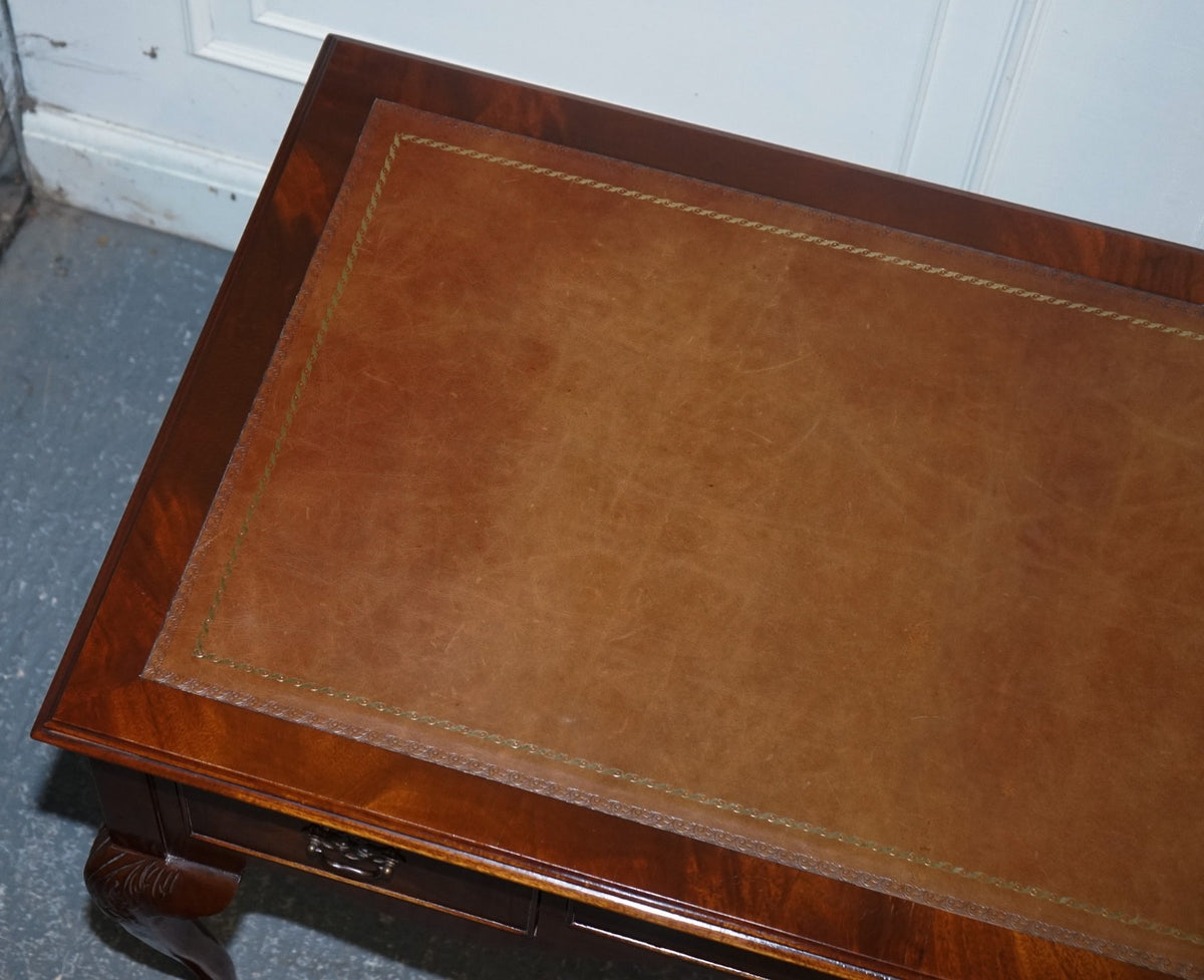 ENGLISH ANTIQUE STYLE WRITING DESK WITH BROWN LEATHER GOLD EMBOSSED TOP