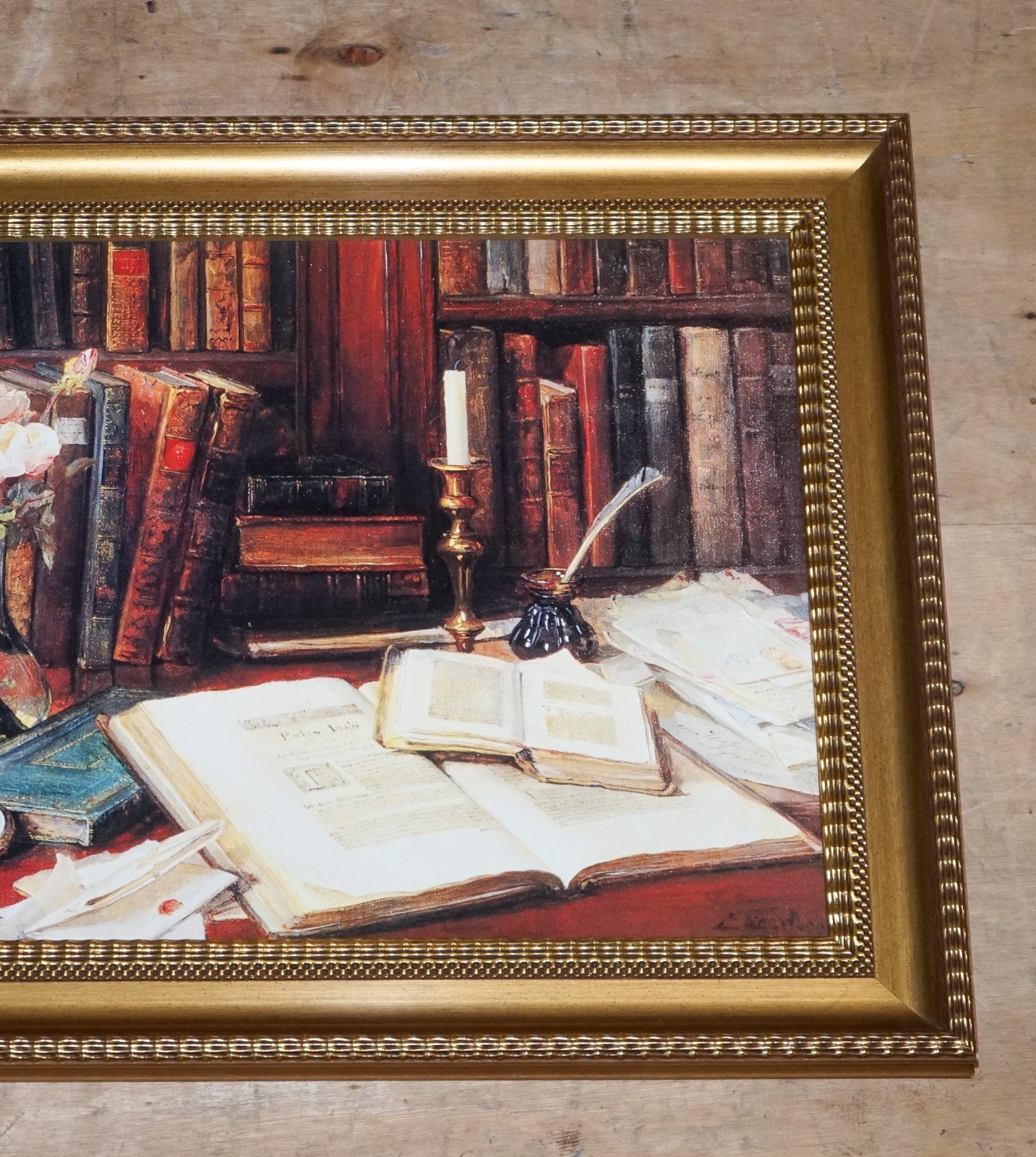 VINTAGE SOPHISTICATED LIBRARY SETTING PRINT IN GILTED FRAME  64 X 114 CM