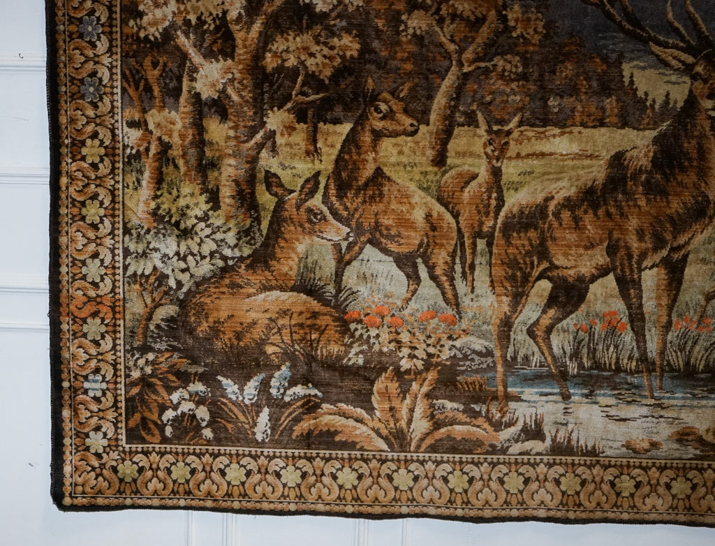 VINTAGE WOVEN WALL TAPESTRY WOODLAND STAG & DEER SCENE RUSTIC HUNTiNG LODGE